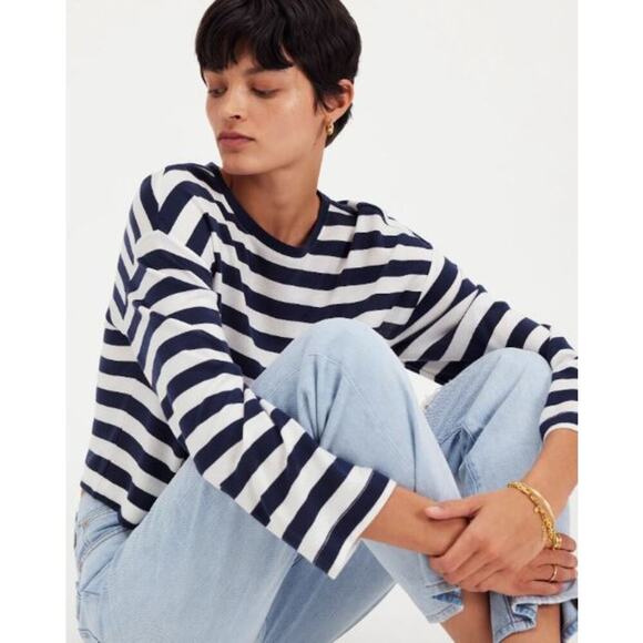 Madewell Stripe Drop-Shoulder Pullover Crop Tee NR337 Dark Nightfall Size S NWT - Picture 3 of 5